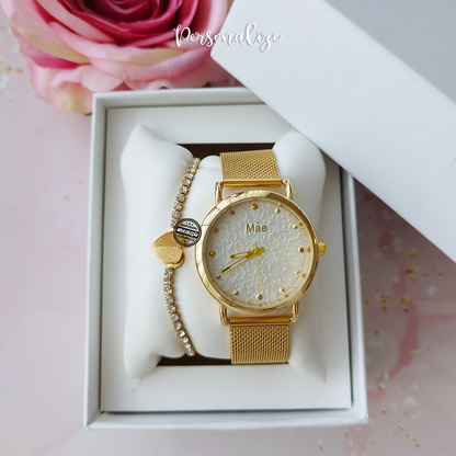 Conjunto relógio floral e pulseira "Mãe"