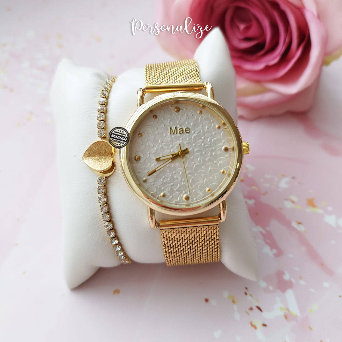 Conjunto relógio floral e pulseira "Mãe"