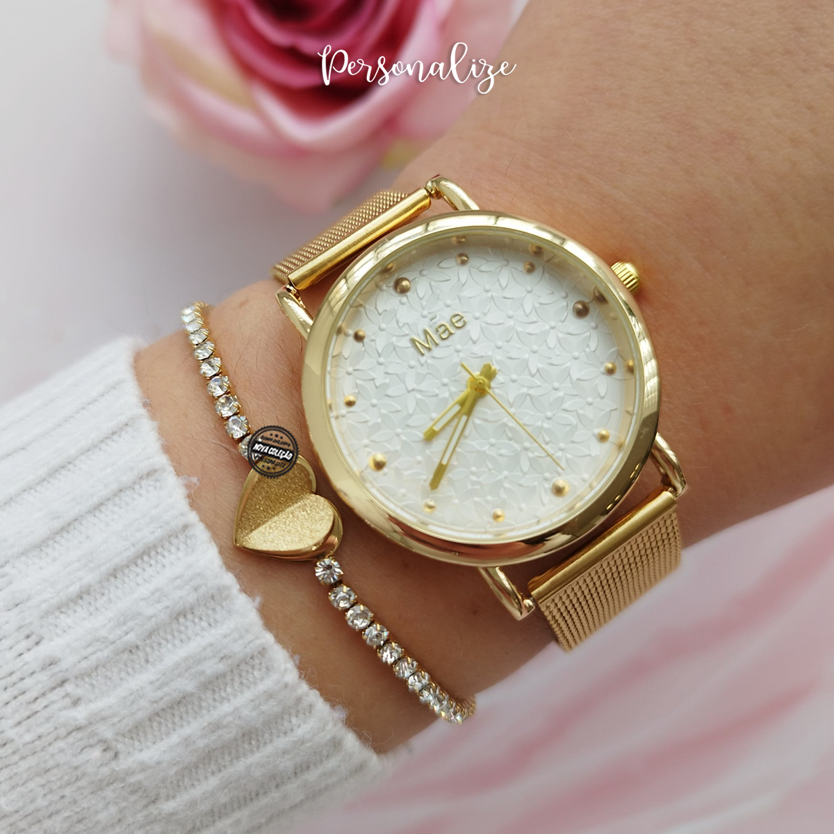 Conjunto relógio floral e pulseira "Mãe"