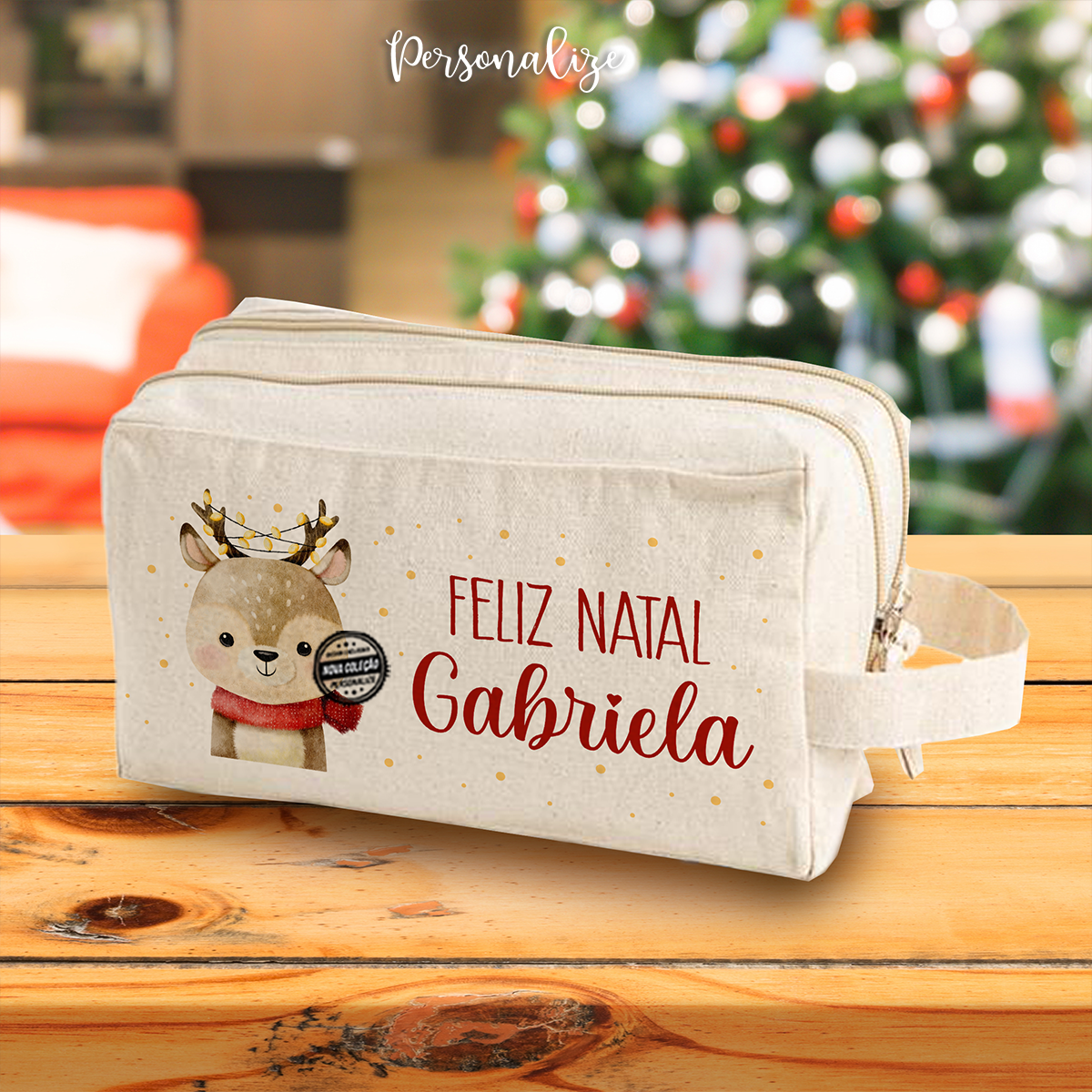 Necessaire duplo fecho rena "Feliz natal"