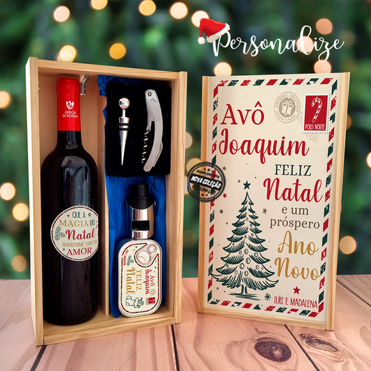 Kit de vinho em caixa de madeira "Feliz Natal"