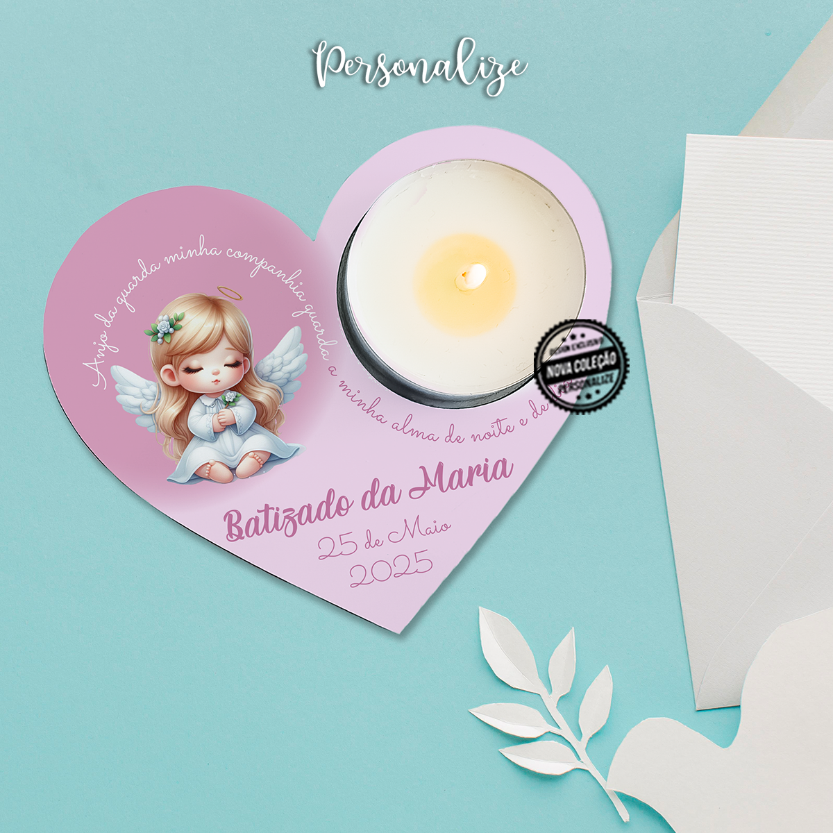 Suporte de vela coração "Batizado"