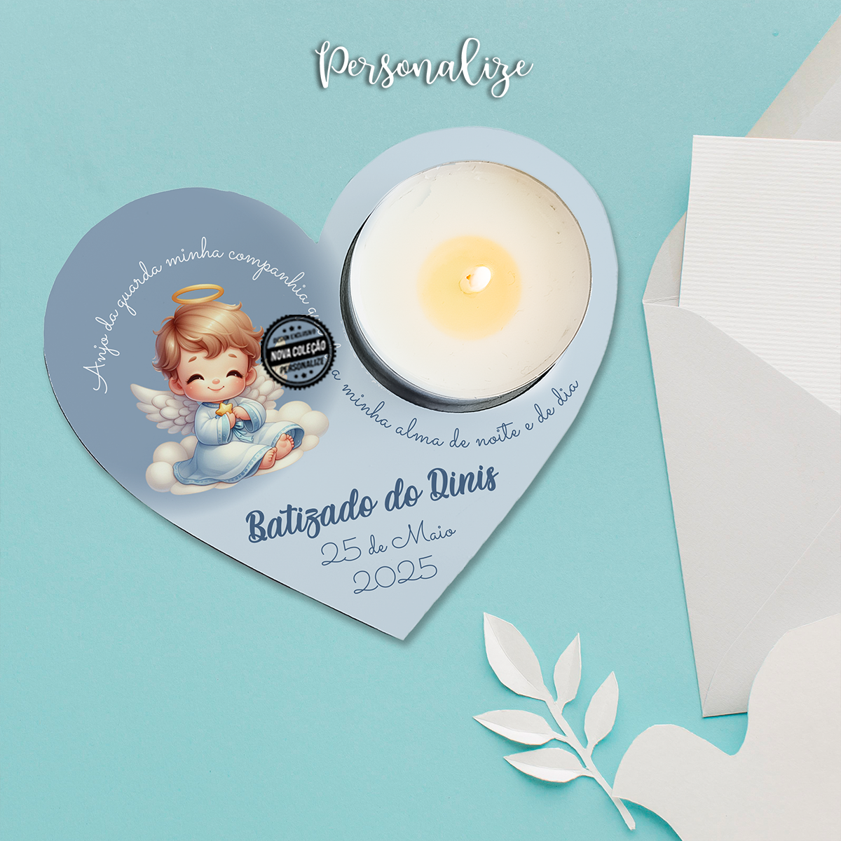 Suporte de vela coração "Batizado"