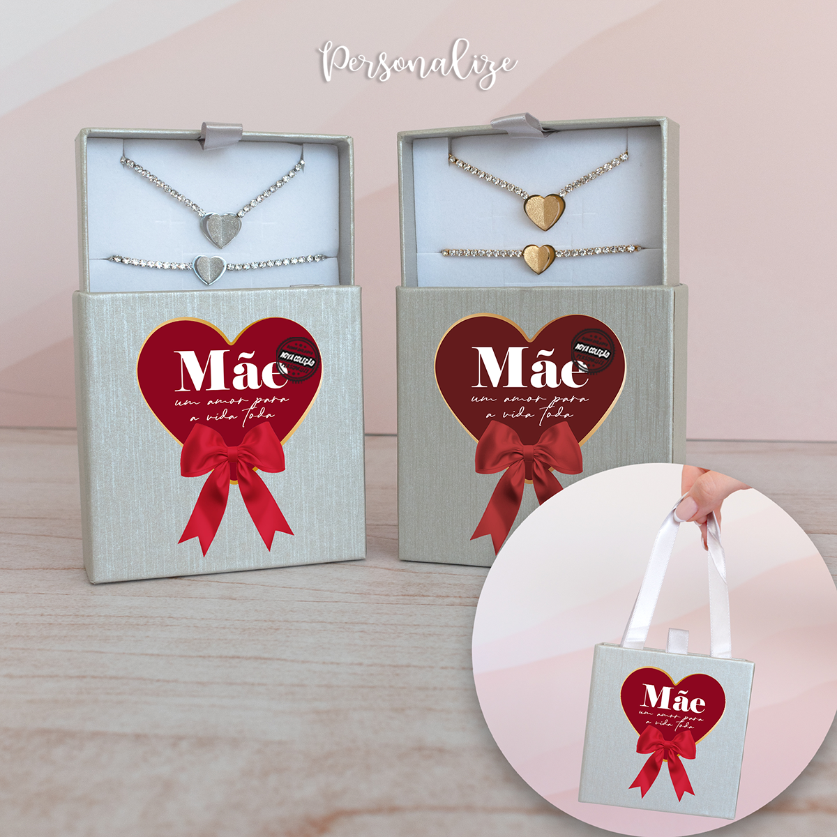 Conjunto fio e pulseira strass "Mãe"
