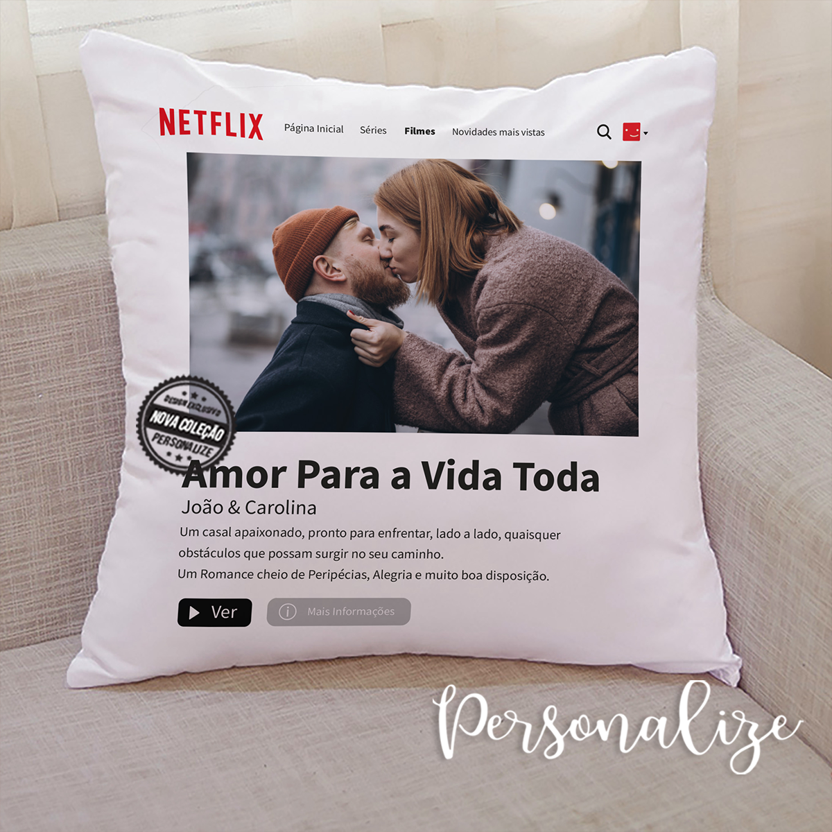 Dia dos namorados!   Faça da sua história a mais linda história de amor com a nossa nova coleção NETFLIX! Adoramos esta inspiração, inspire-se também e personalize a sua almofada com a frase e a fotografia que desejar.   REF: NAM477  Material  Algodão. Medida 40x40cm. 