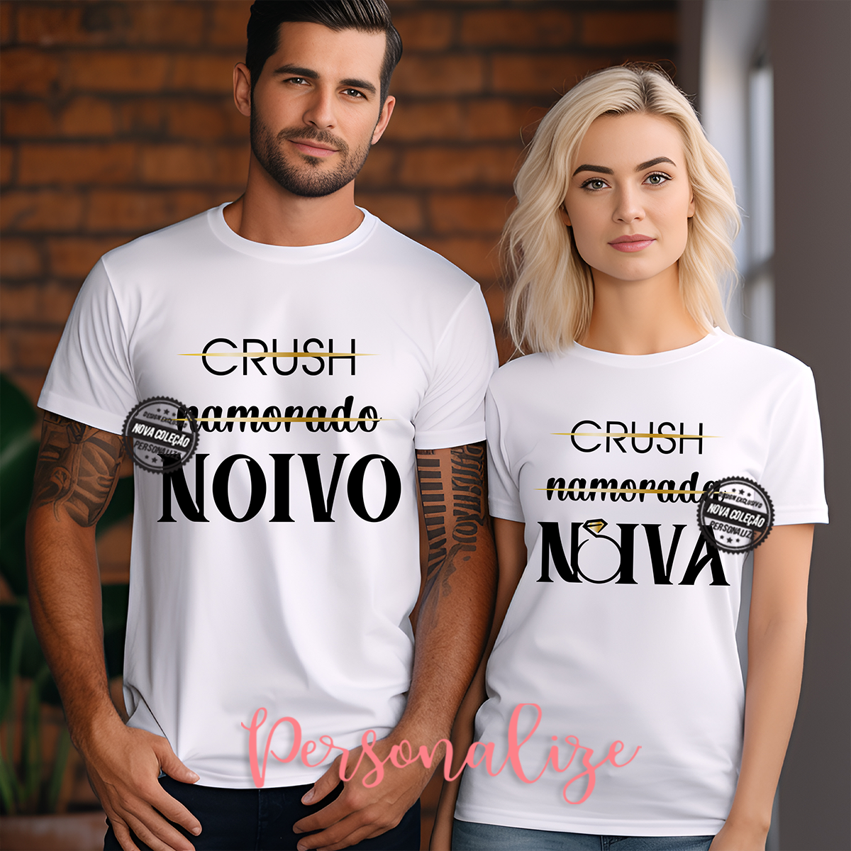 Novidade!   T-shirts "Crush, namorado/a, noivo/a". Uma peça super gira para a sua despedida de solteiro/a ou mesmo para anunciar um noivado. Personalize como desejar.  Disponíveis do S ao XXL. Vendido em conjunto ou separadamente.  REF: NAM453  Material  100% Algodão.