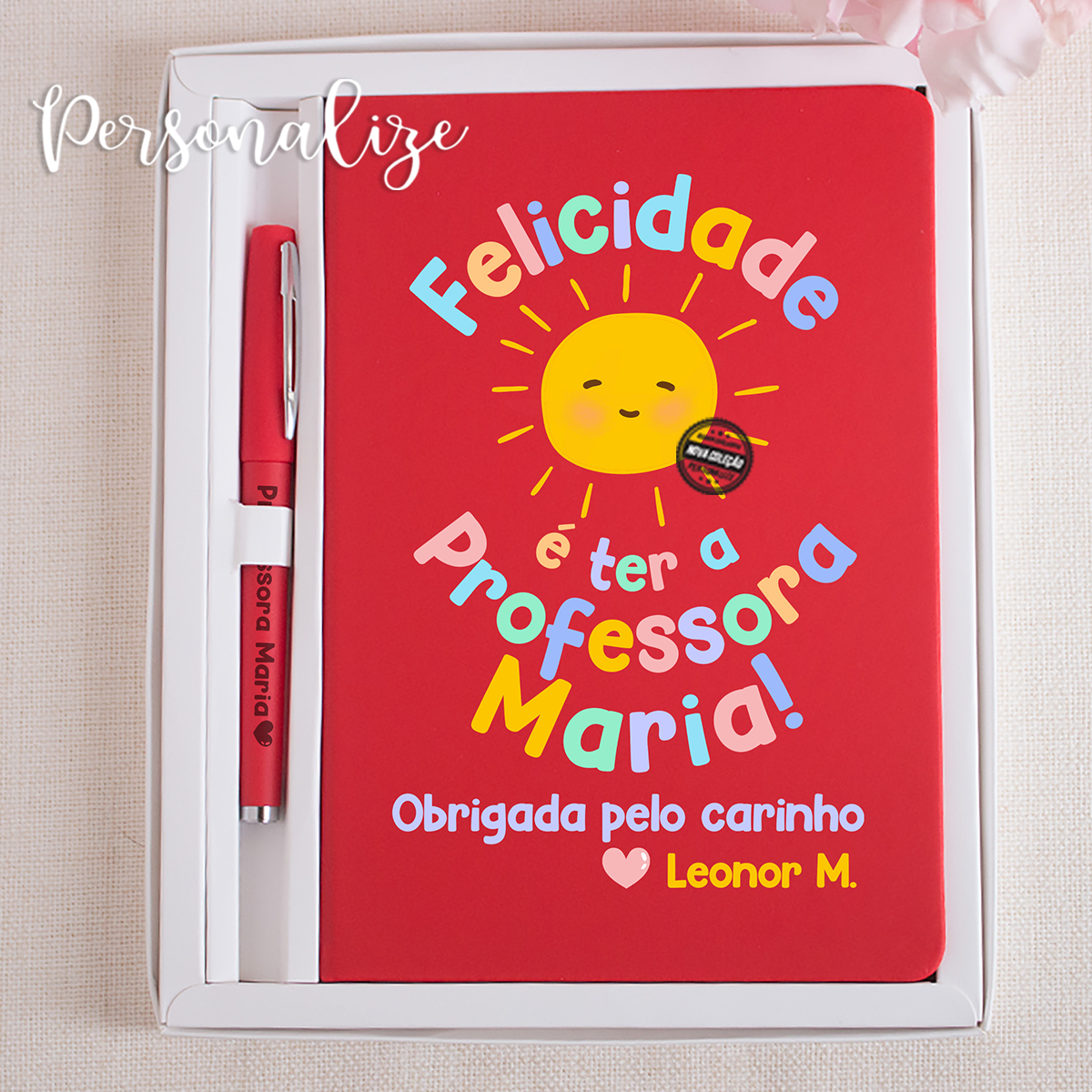 Conjunto bloco e caneta " Felicidade é..."