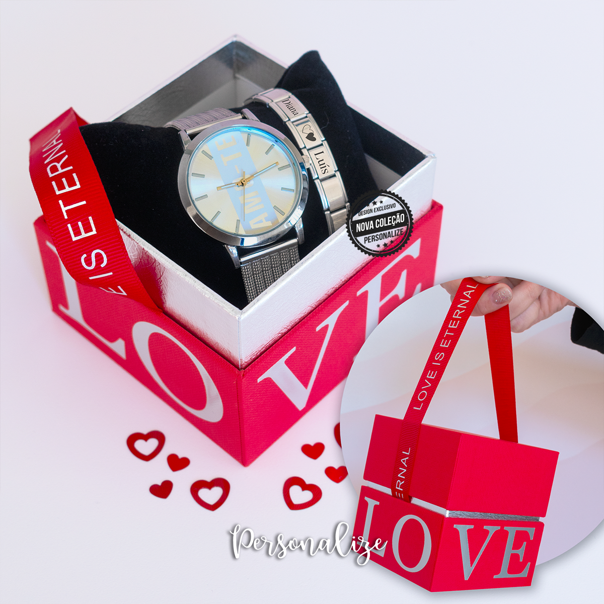 Conjunto relógio  e pulseira "AMO-TE"