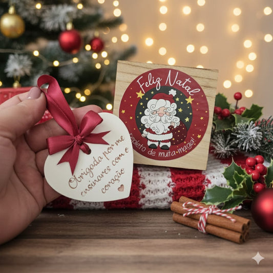 Caixinha de madeira feliz Natal com coração em gesso