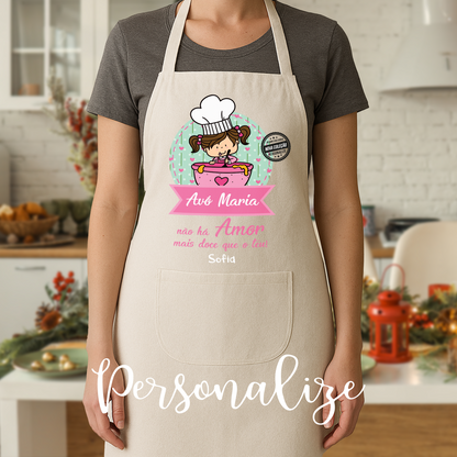 Conjunto Avental, Tábua redonda XL e bloco dourado " Amor de Avó"