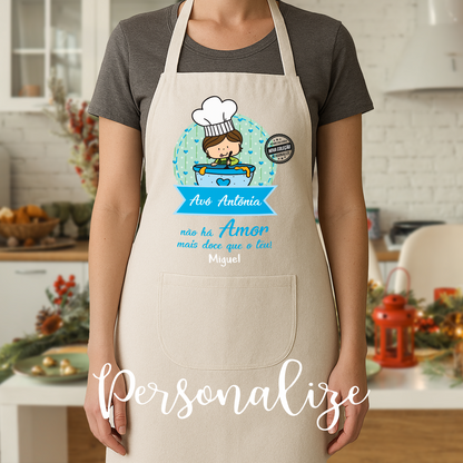 Conjunto Avental, Tábua redonda XL e bloco dourado " Amor de Avó"