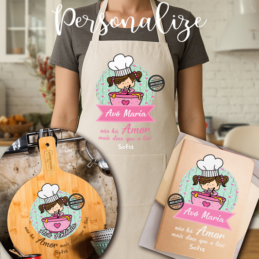 Conjunto Avental, Tábua redonda XL e bloco dourado " Amor de Avó"