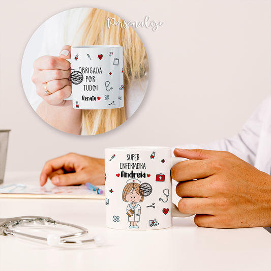 Agradeça de forma especial aqueles super profissionais com um presente super giro e&nbsp; personalizado por si.&nbsp;
Caneca Super enfermeira "Obrigado por tudo", personalize com nome e/ou pequena frase.