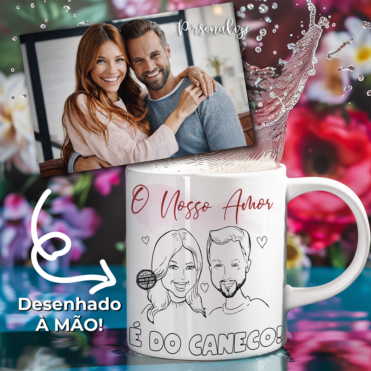 Caneca com caricatura "O nosso amor é do caneco"