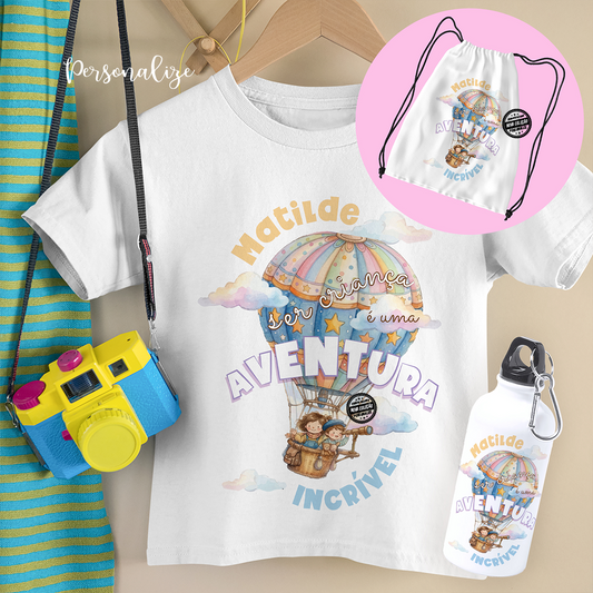 “Ser criança é uma aventura incrível” ✨

E este conjunto personalizado celebra exatamente isso: a alegria de crescer, imaginar e descobrir o mundo.

Modelos confortáveis 100% algodão super confortáveis com uma estampa cheia de cor para alegrar ainda mais este dia tão especial.&nbsp;
E para ser ainda mais especial com mochila e garrafa a condizer.&nbsp;