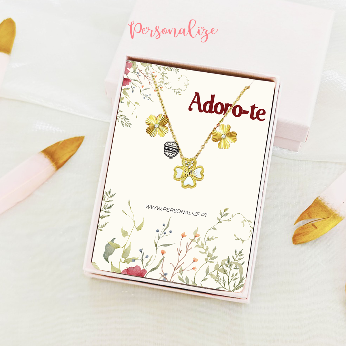 Conjunto fio e brincos trevo "Mãe"