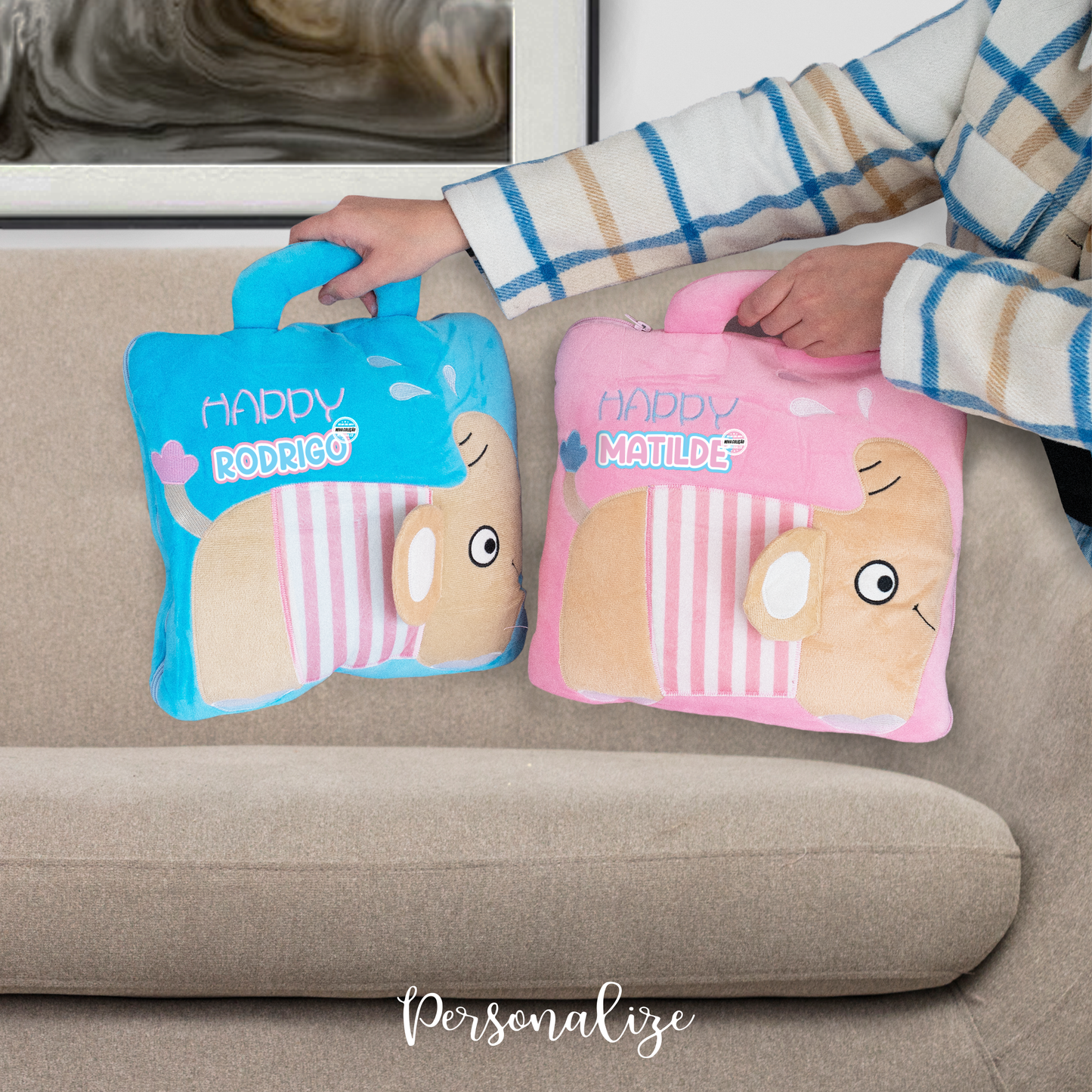 Mala, Manta ou almofada 3 em 1 "Elefante - Happy"