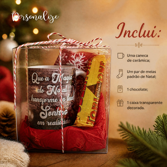 🎄 Caixa de Natal Personalizada - Pequenos Presentes, Grandes Sonhos&nbsp;🎄

Surpreende quem mais gostas com um presente cheio de magia, carinho e significado! ❤️

A nossa Caixa de Natal Personalizada é perfeita para tornar esta época ainda mais especial. Com uma caneca personalizada com uma mensagem inspiradora, umas meias com padrão natalício e um delicioso chocolate, é o miminho ideal para oferecer a alguém especial ou para surpreender no amigo secreto. 🎅✨

🎁 O que inclui?

☕ 1 caneca de cerâmica pers