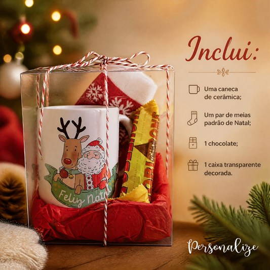 🎄 Caixa de Natal Personalizada - Pequenos Presentes, Grandes Sonhos&nbsp;🎄

Surpreende quem mais gostas com um presente cheio de magia, carinho e significado! ❤️

A nossa Caixa de Natal Personalizada é perfeita para tornar esta época ainda mais especial. Com uma caneca personalizada com uma mensagem inspiradora, umas meias com padrão natalício e um delicioso chocolate, é o miminho ideal para oferecer a alguém especial ou para surpreender no amigo secreto. 🎅✨

🎁 O que inclui:
- ☕ 1 caneca de cerâmica per