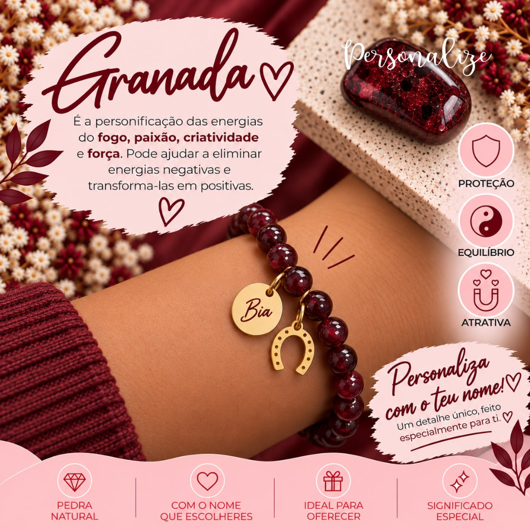 Pulseira&nbsp; "Granada"

Uma pulseira cheia de significado, que simboliza a paixão, a criatividade e a força interior! ✨

A granada é conhecida por representar as energias do fogo, despertando a motivação, a coragem e a vitalidade. Associada à transformação energética, acredita-se que ajuda a afastar as energias negativas e a convertê-las em energias positivas, promovendo uma sensação de equilíbrio e renovação. 🔥

Torna-a única e especial! A pulseira inclui um pendente personalizável, onde podes gravar um