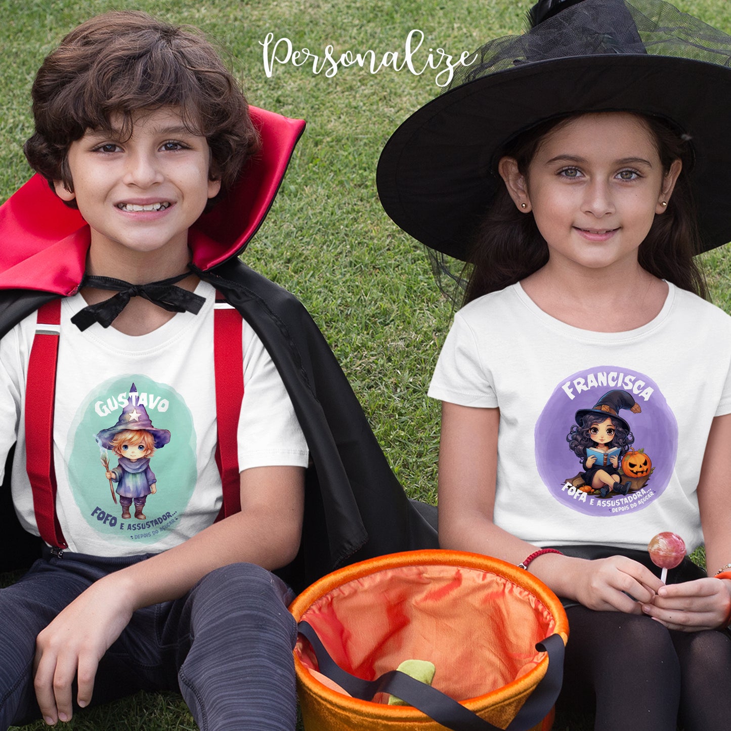 Camiseta "Fofa e assustadora" temática Halloween, é 100% algodão e pode ser personalizada a seu gosto.