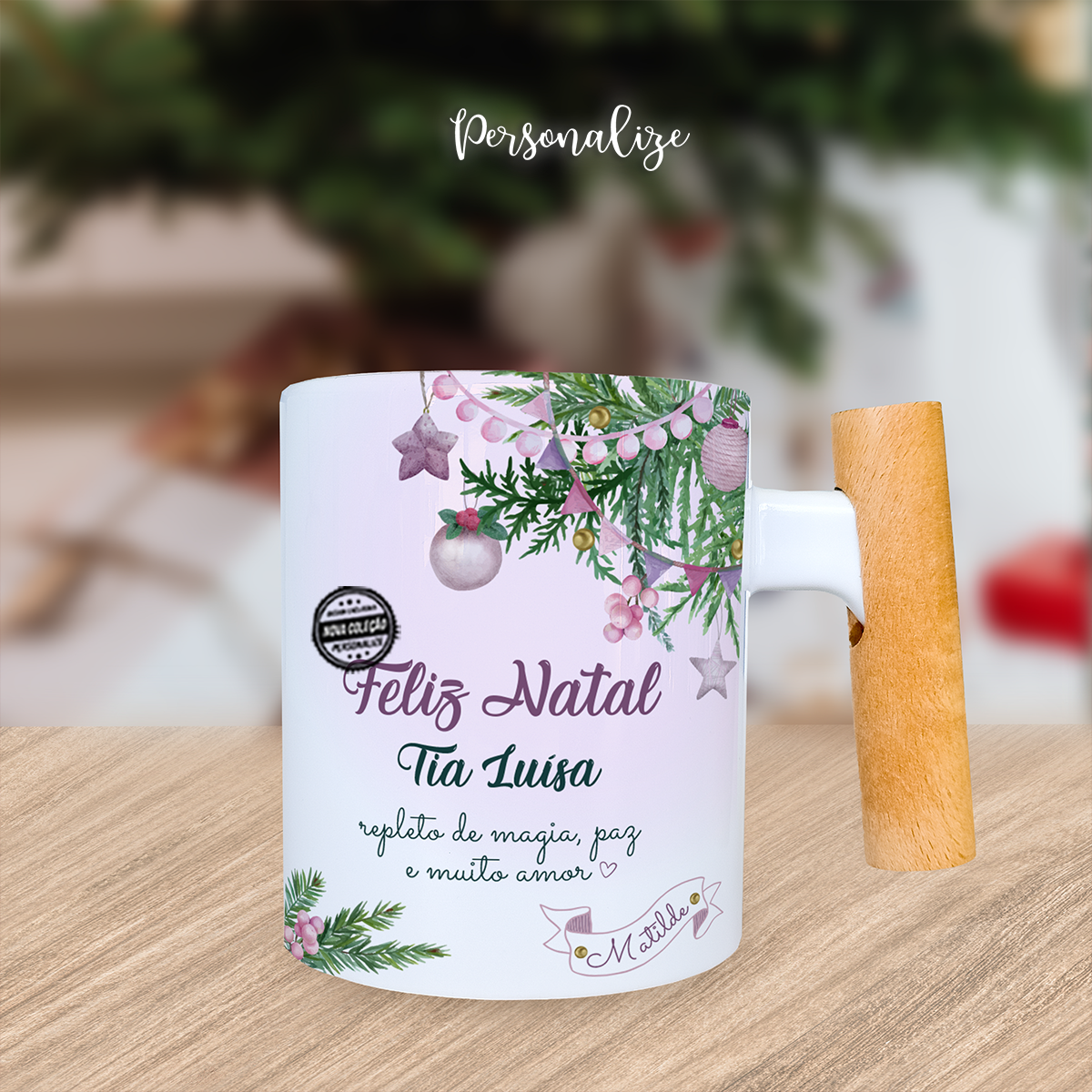 Caneca pega de madeira " Feliz Natal"