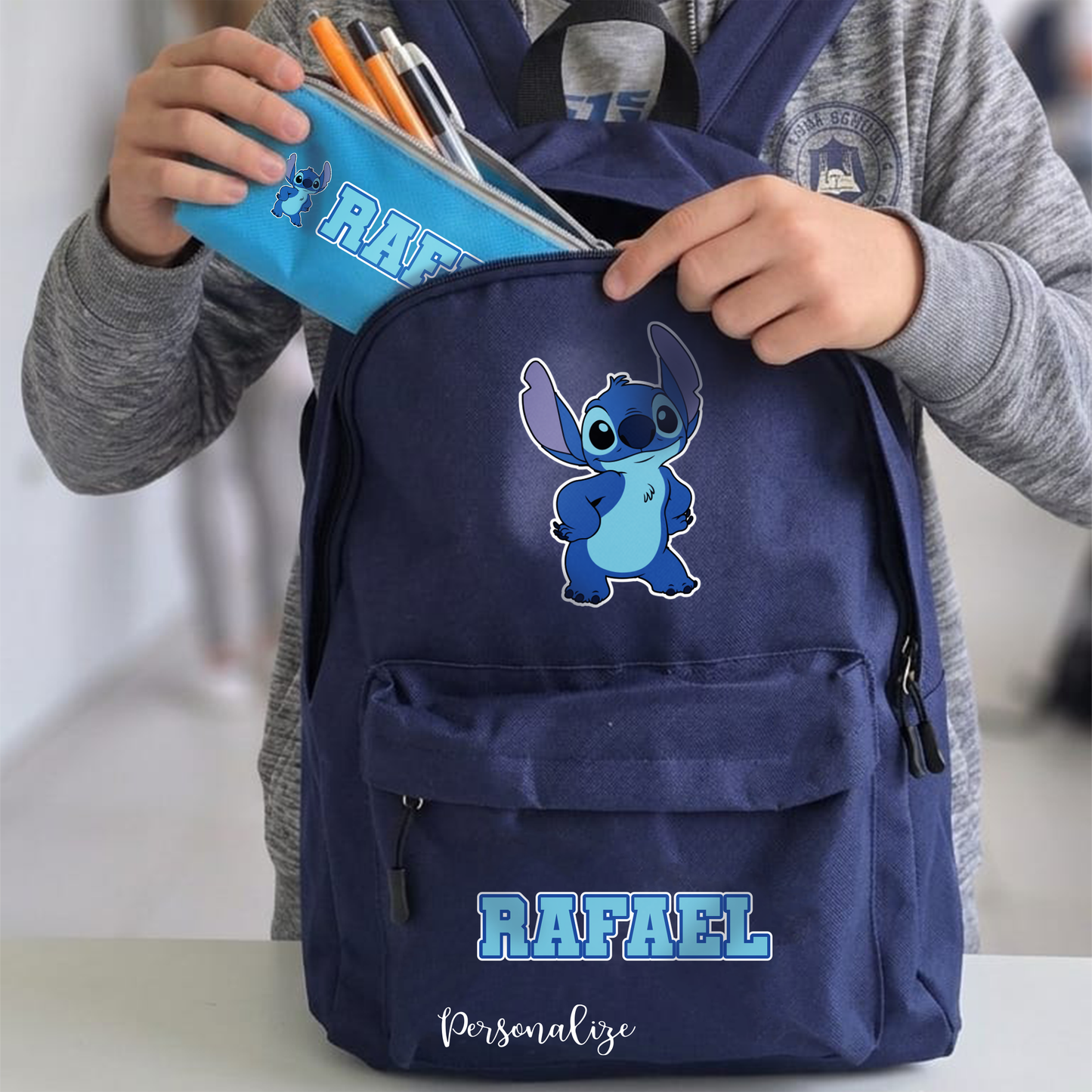 Conjunto Mochila e Estojo Personalizados Stitch
