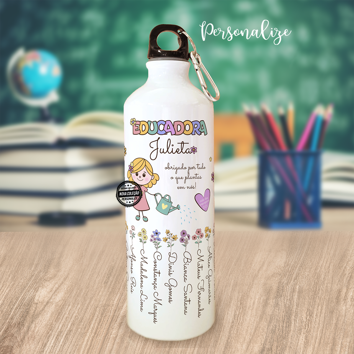 Garrafa 800ml  flores educadora "Obrigada..."