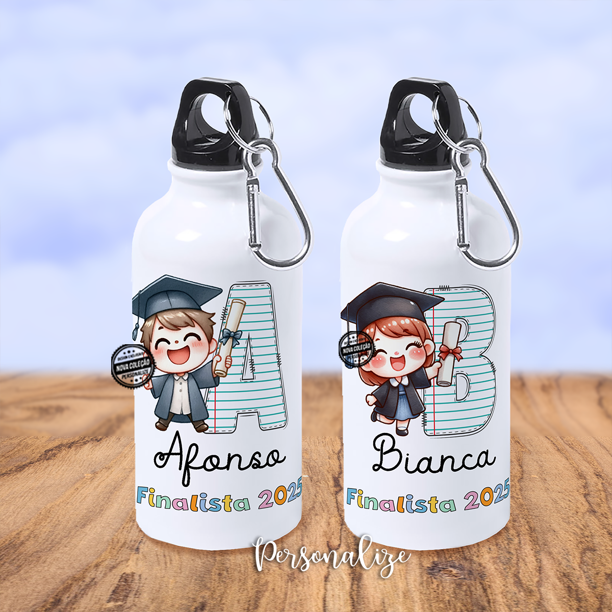 As nossas garrafas personalizadas para finalistas são a escolha perfeita para eternizar este momento único. Personalize com nomes, cursos e frases inspiradoras
Garrafa em alumínio, 400 ml com mosquetão. Em média, 60% do nosso corpo é composto por água. Por esta razão, é essencial que se mantenha hidratado em qualquer lugar e uma garrafa personalizada é o melhor para nos acompanhar.