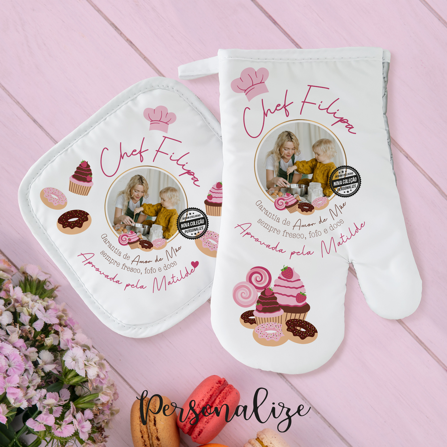 Conjunto de luva / pega de cozinha e Avental " Chef Mãe "