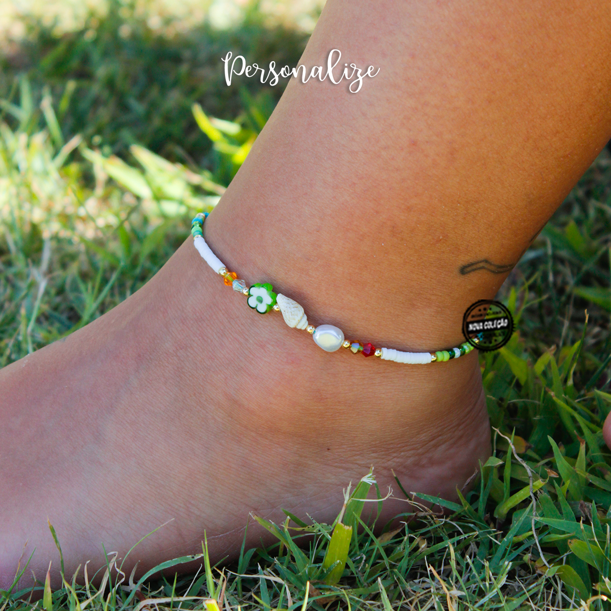 Pulseira de pé missangas flor verde