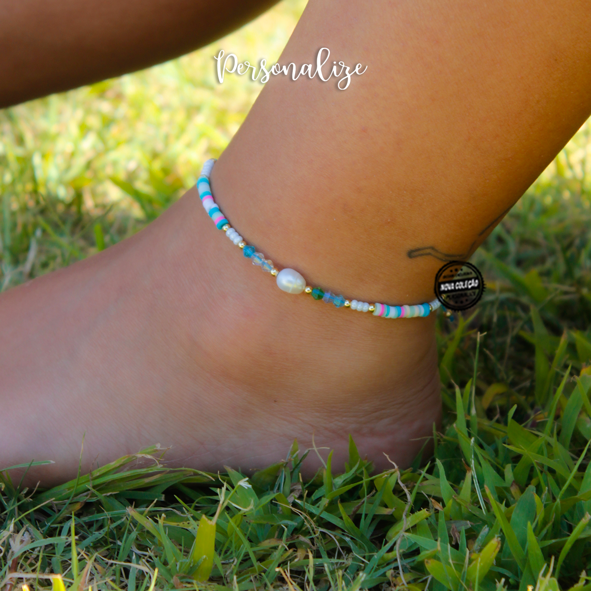 Pulseira de pé pérolas missangas azuis