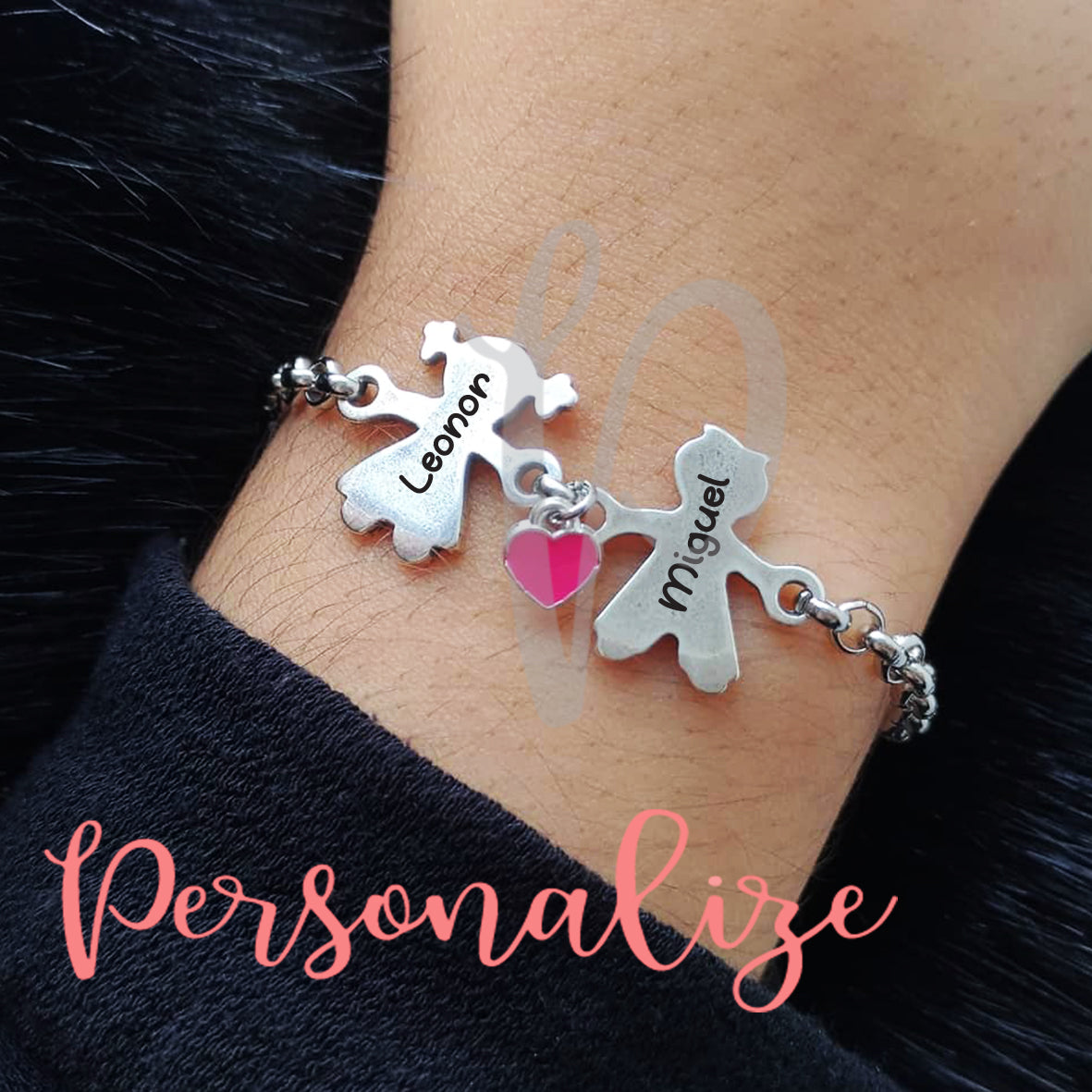 Pulseira aço inox com menino e menina com banho de prata Personalize