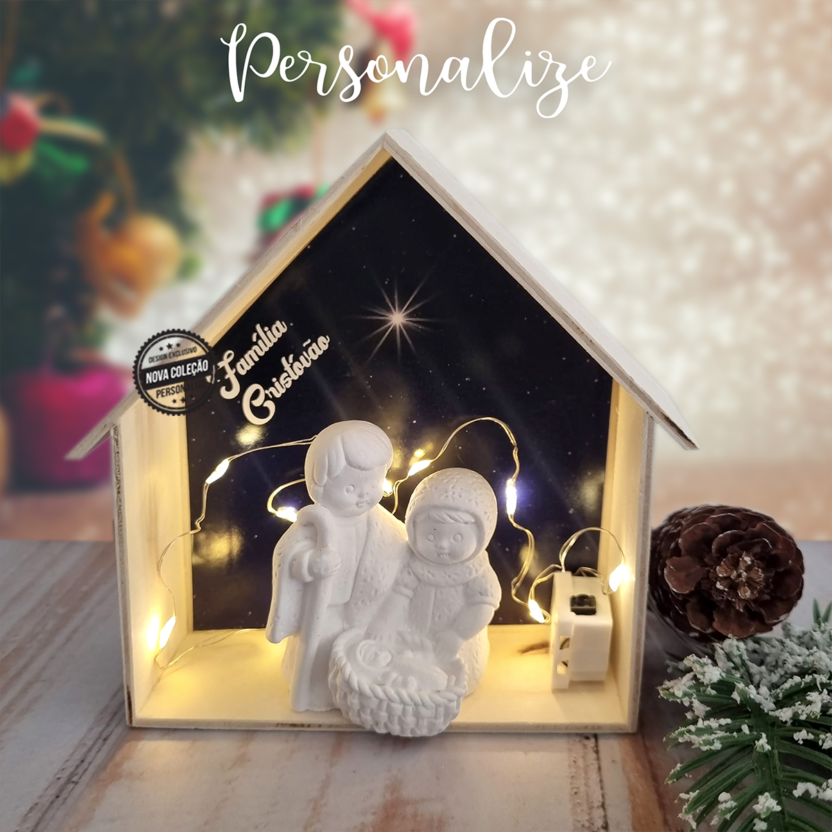 Presépio em madeira personalizado  com pequena frase, com luzinhas led e figurinhas em gesso. Uma oferta super natalícia personalizada por si para criar o ambiente de Natal perfeito.  Pilhas não incluídas. 