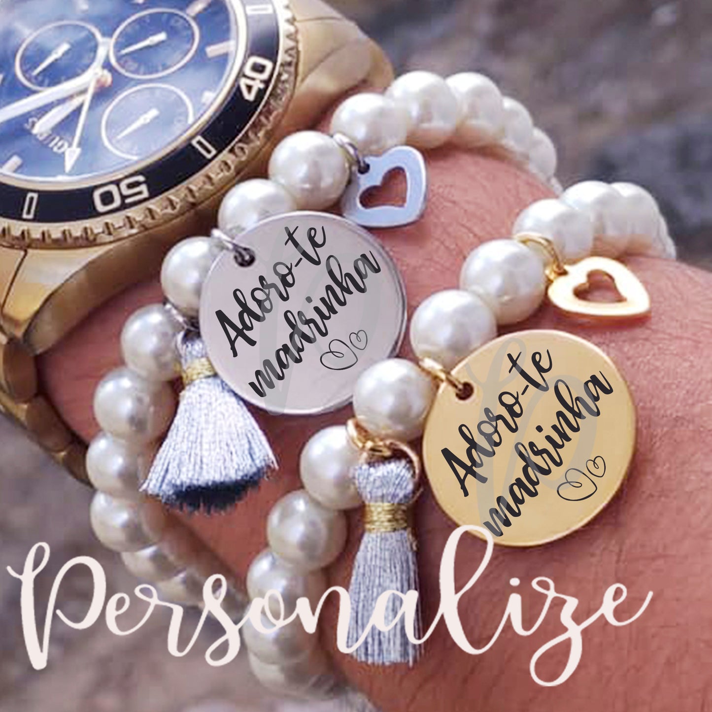 Pulseira perolas "Adoro-te Madrinha" Personalize