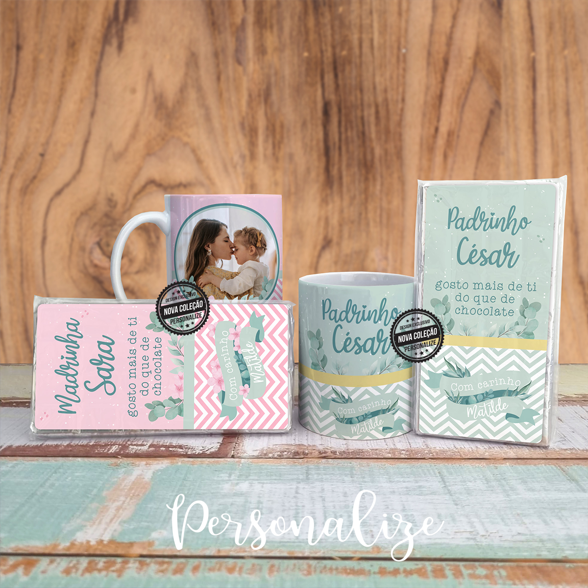 Aproveite as nossas sugestões super doces com opção com design para madrinha e ou padrinho. Escolha os seus conjunto e personalize o com a fotografia que desejar. Vendido os dois conjuntos juntos  ou cada conjunto separadamente ou apenas canecas. As canecas têm a frase na frente e fotografia no verso em ambas as versões de padrinho ou madrinha. 