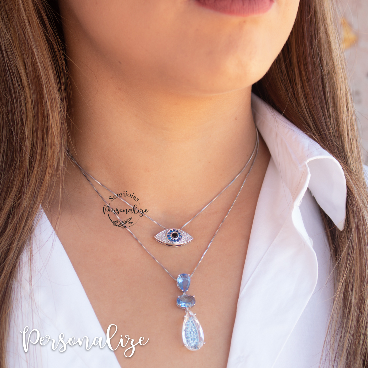 semijoias fio ollho turco com banho de ródio e mini zircónias cravadas e fio banahado a ródio com penstal com zircónias azul marinho lapidadasdete cri