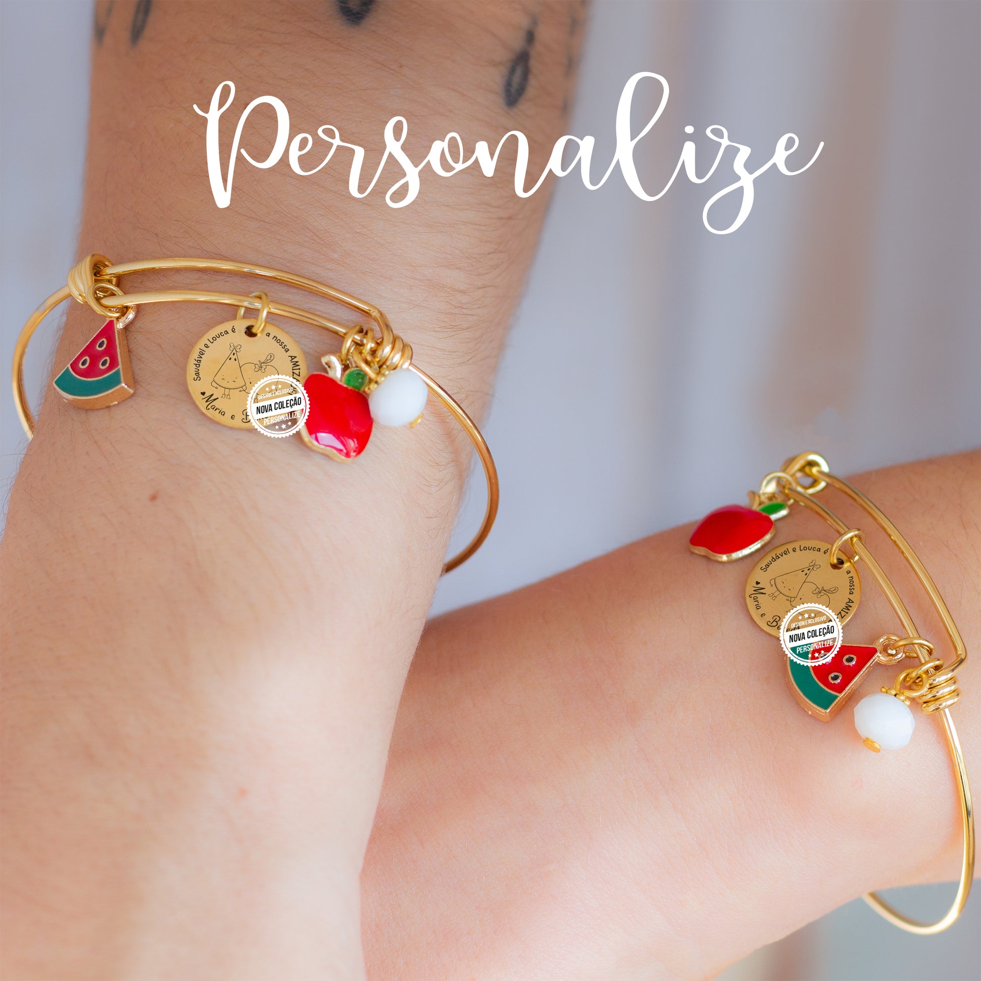 pulseiras escravas douradas personalizadas com pemdetes de frutas dedicada a amigas
