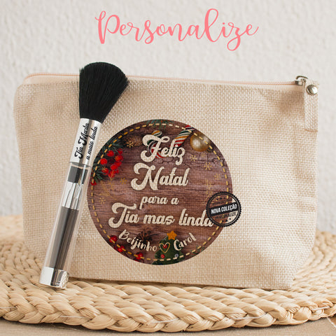 ! Conjunto de bolsa tipo linho e pincel com mini pinceis no interior " Feliz Natal para a tia mais linda"