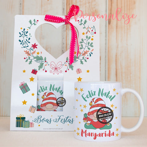 Caneca Gnoma "Feliz Natal" com opção caixinha asa coração