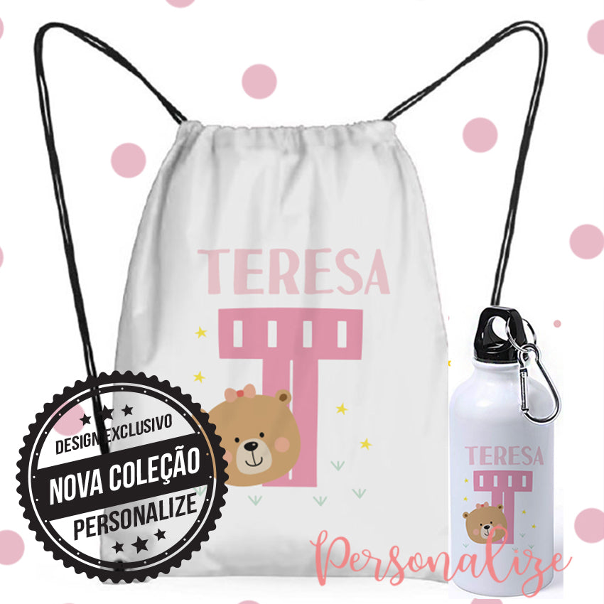 Mochila + Garrafa com nomes e animais Personalize