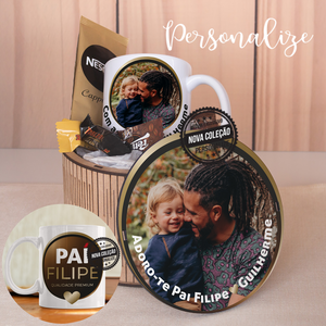 Novidade!   Mais um kit super especial para surpreender o seu pai! Escolha a sua fotografoa preferida e personalize como desejar.   REF:PAI385  Kit composto por:   -1 caixa premium com tampa personalizada.  - 1 caneca com gravação frente e verso personalizada.  - 2 mini toblerones.  - 6 rebuçados de café.  - 1 capuccino. 