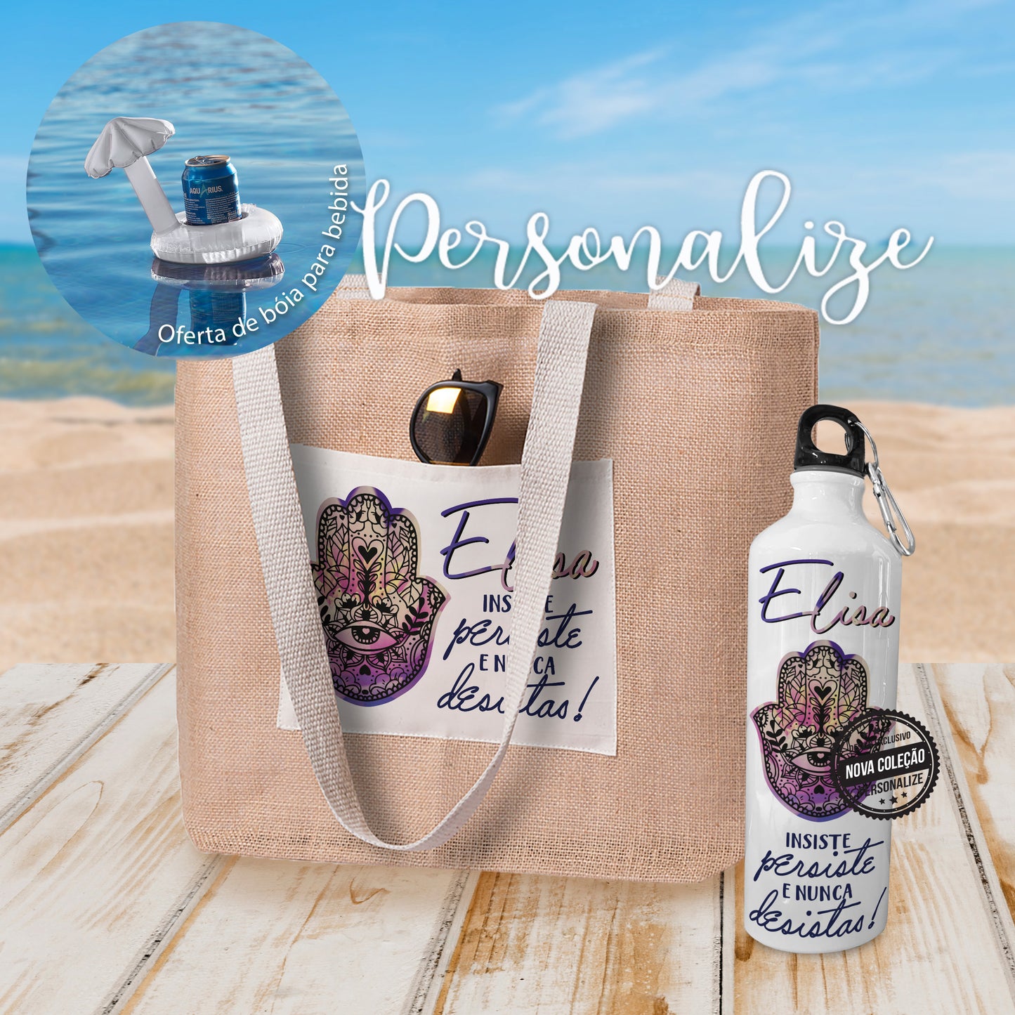 Saco e/ou garrafa " Insiste, persiste e nunca desistas", muito pratico para o dia a dia ou levar para a praia, em Juta e Algodão, com 2 alsas e pode personalizar com imagem e texto a seu gosto. Garrafa personalizada igual ao saco com capacidade de 800 ml.  Medidas do saco : 48x35x15  Na compra do conjunto de saco e garrafa, oferta da Boia para a bebida. O conjunto perfeito para este verão.