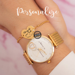 reelogio dourado com adoro-te professora no mostrador e pulseira com medalha pecoração personalizada 