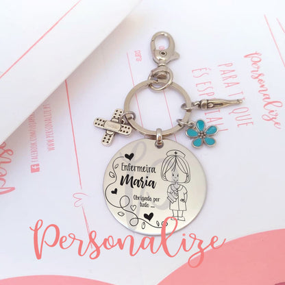 Porta chaves aço inox " Enfermeira … obrigado por tudo " Personalize