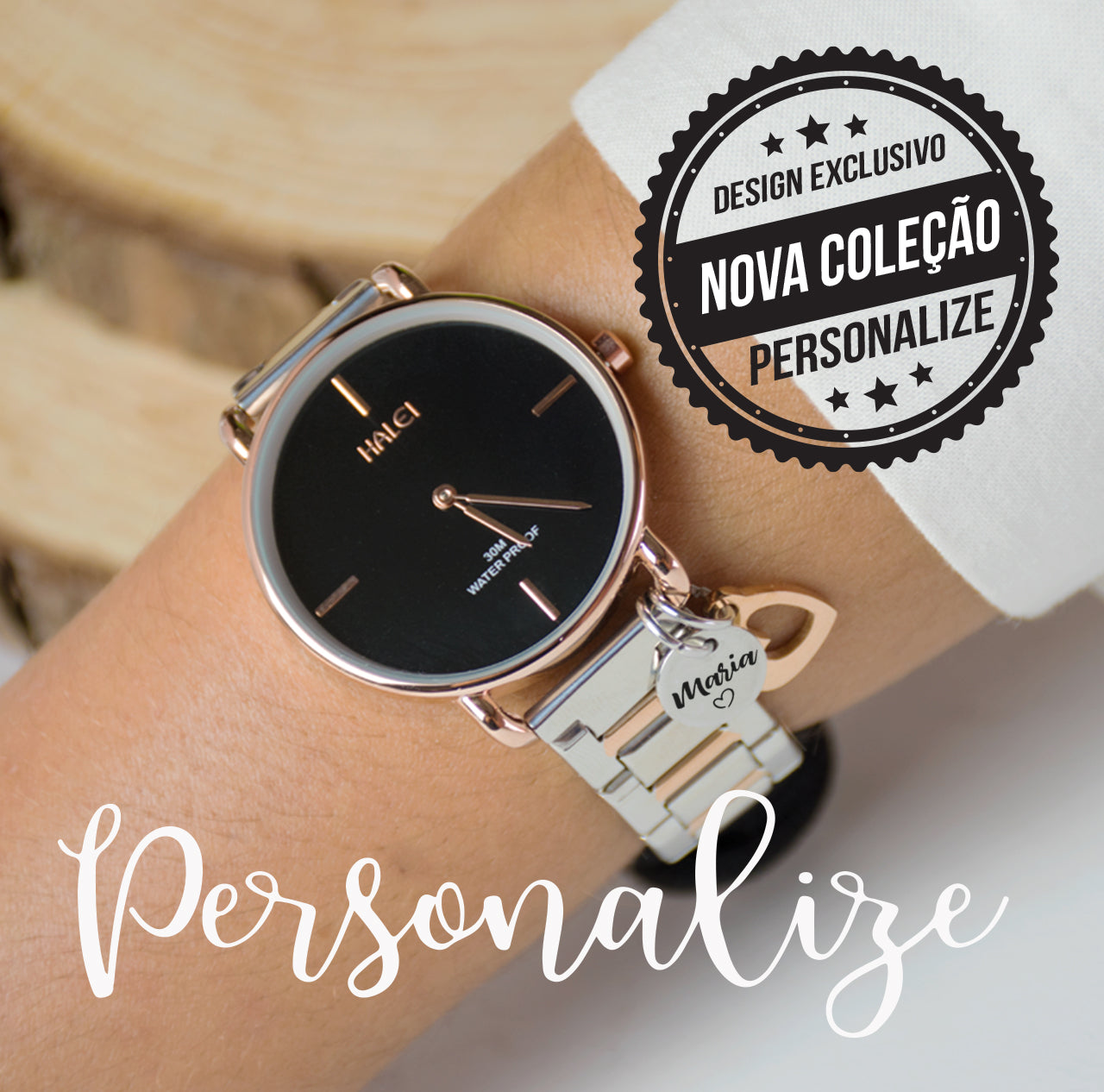 Relógio aço inox, 2 acessorios e gravação de nome – Personalize