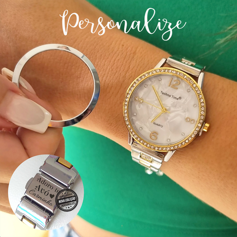 Relógio " 2 em 1 " bicolor prateado e dourado em aço inoxidável com 2 aros de mostrador para trocar um liso e outro com zircórnias, com fecho personalizável