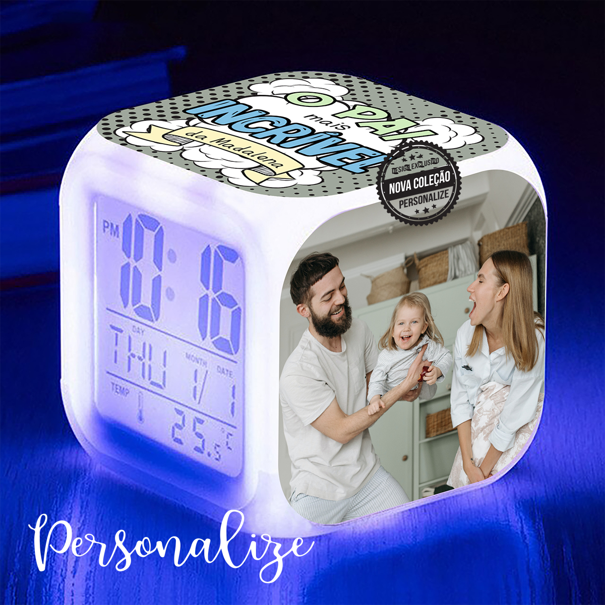 Agora também disponível para os pais mais dorminhocos! Relógio/despertador com luz de presença led que pode personalizar com uma fotografia que desejar e com frase especial dedicada ao pai.   REF: PAI373